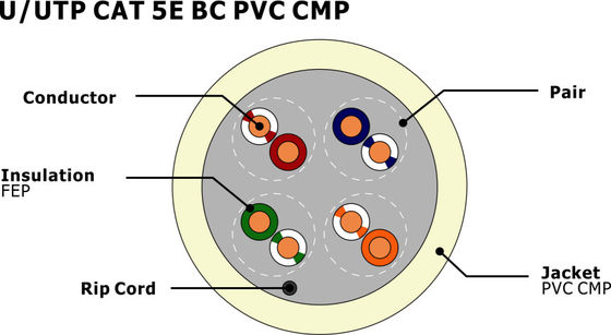 Solid 0.50mm Copper Conductor Plenum PVC Jacket CPR Certified Cat5e Network LAN Cable